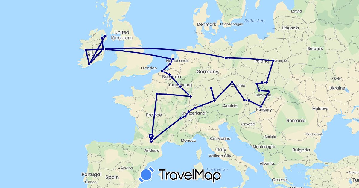 TravelMap itinerary: driving in Austria, Belgium, Switzerland, Czech Republic, Germany, France, United Kingdom, Hungary, Ireland, Luxembourg, Netherlands, Poland, Slovakia (Europe)